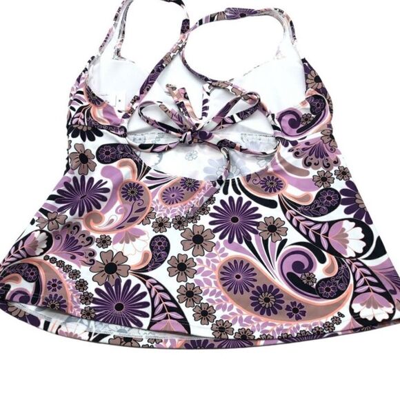Salt + Cove Juniors' Printed V-Wire Tankini Top Removable Cups White Purple XL - Picture 6 of 10